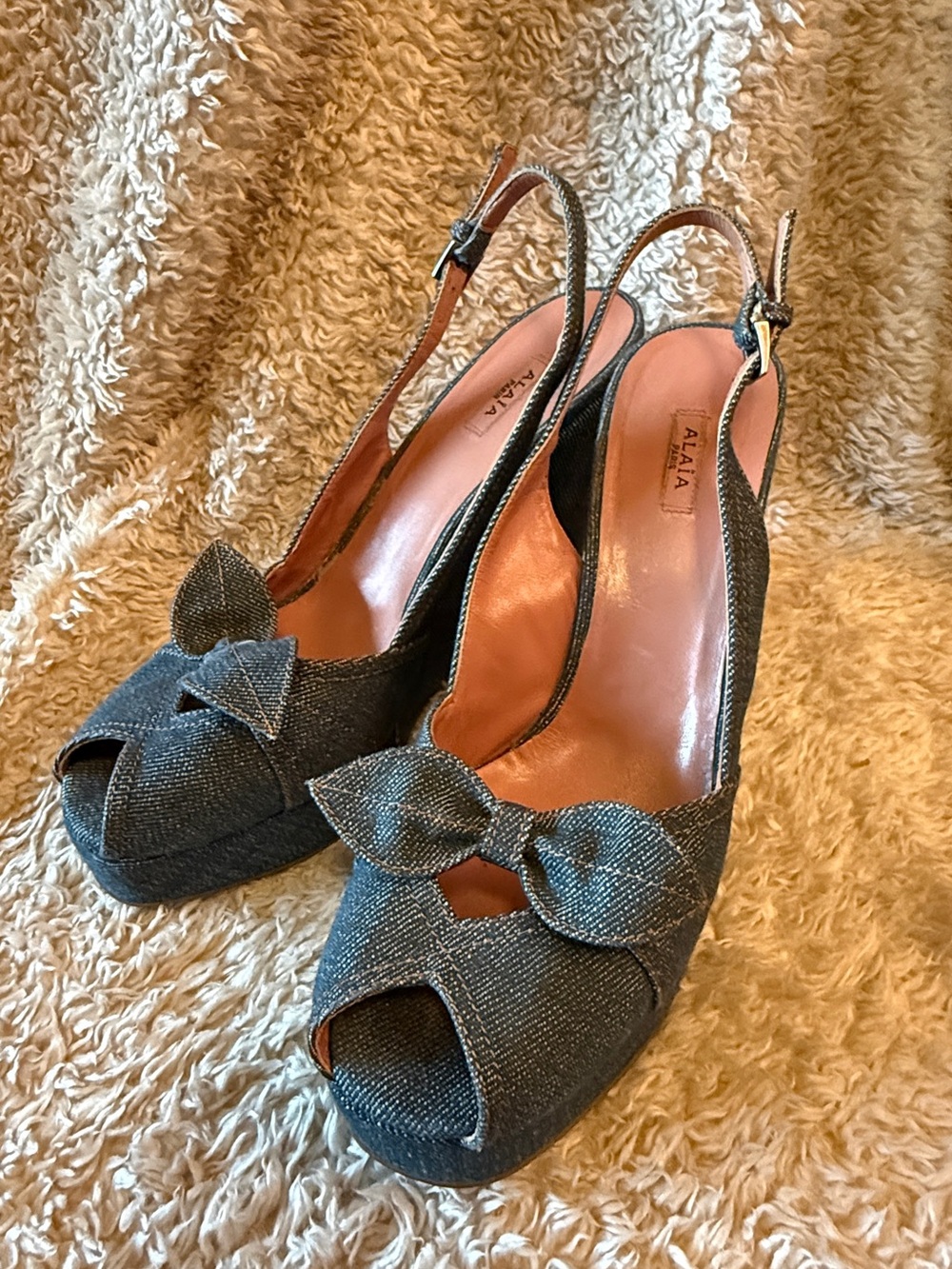 Alaia Blue Denim style  Open-Toe Slingback Heels with Bow Dtail